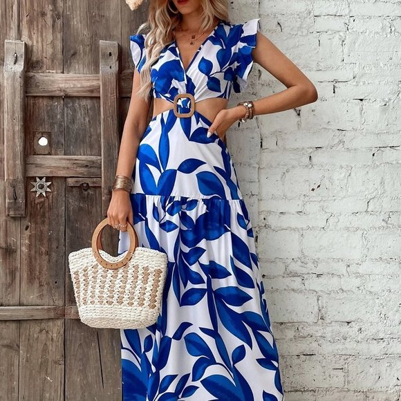 White And Blue Boho Womens Plants Print Ring Linked Cut Out Ruffle Hem Dress - Picture 2 of 5